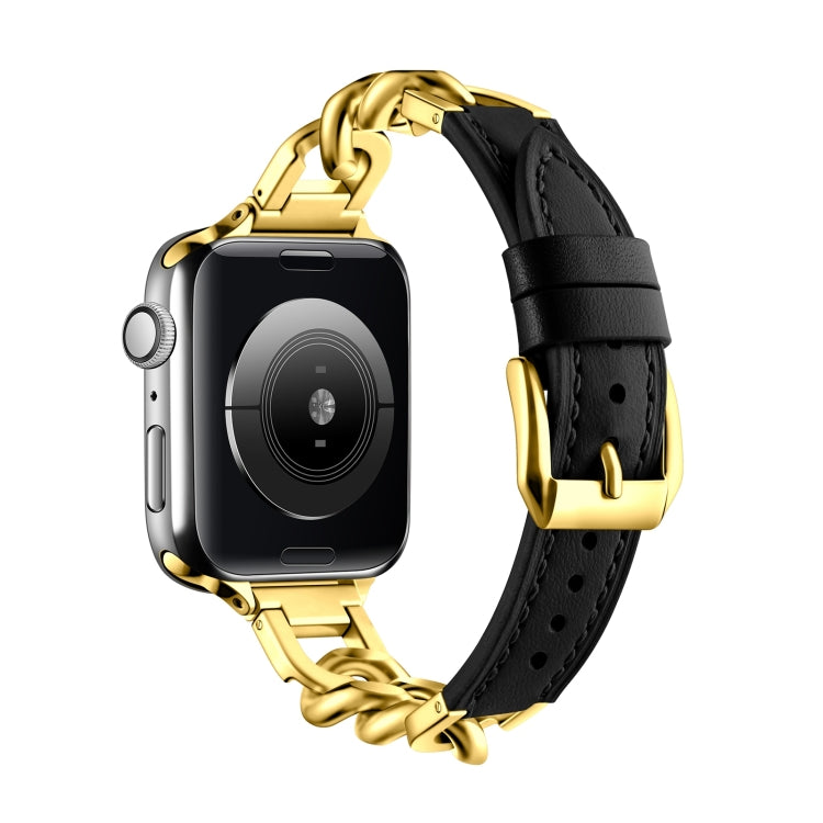 For Apple Watch 42mm Chain Genuine Leather Watch Band, Size: S(Gold Black) - free shipping - PMC TechLife - Order now!