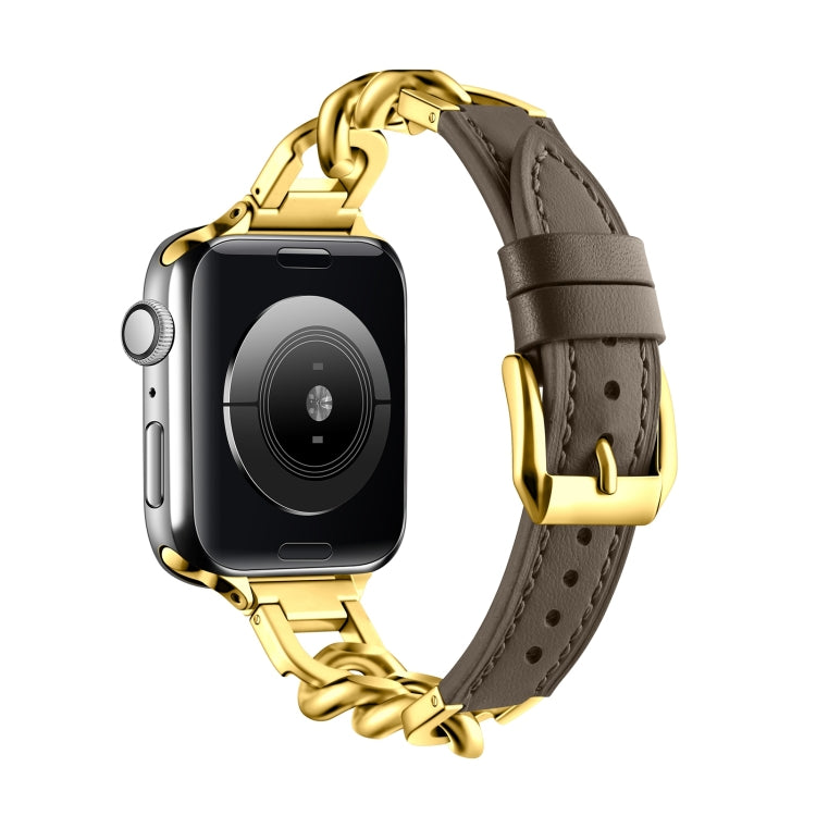 For Apple Watch 38mm Chain Genuine Leather Watch Band, Size: S(Gold Dark Brown) - free shipping - PMC TechLife - Order now!