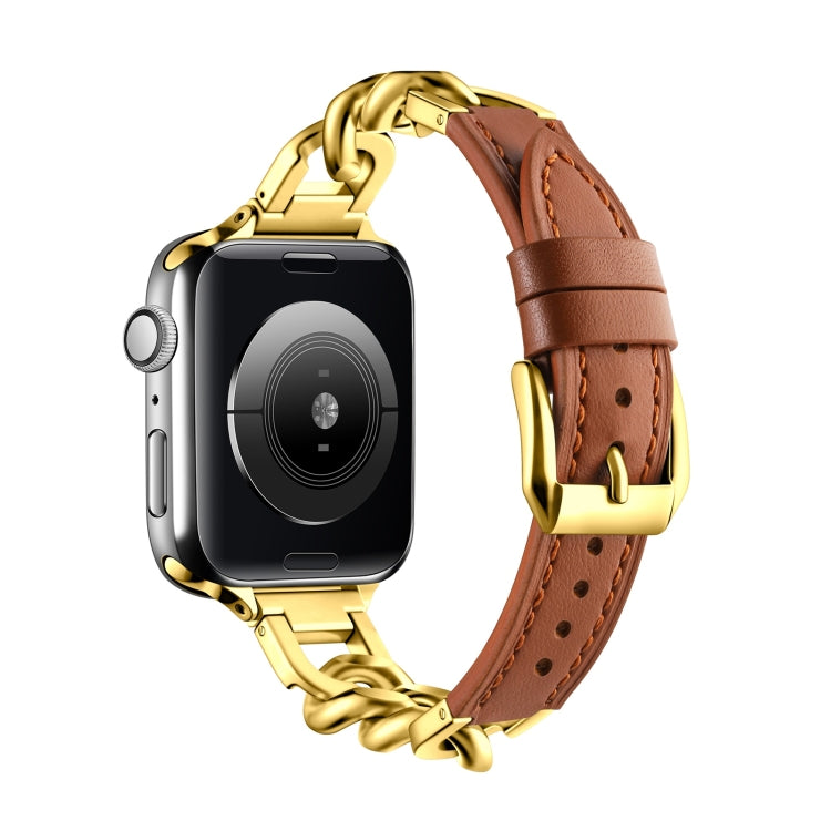For Apple Watch 38mm Chain Genuine Leather Watch Band, Size: S(Gold Brown) - free shipping - PMC TechLife - Order now!