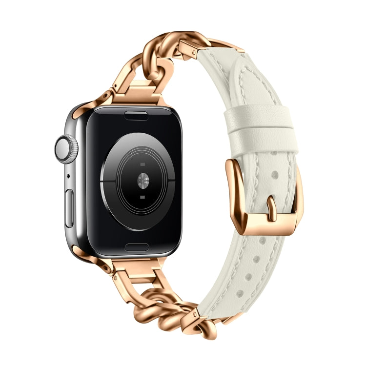 For Apple Watch 38mm Chain Genuine Leather Watch Band, Size: S(Rose Gold Beige) - free shipping - PMC TechLife - Order now!