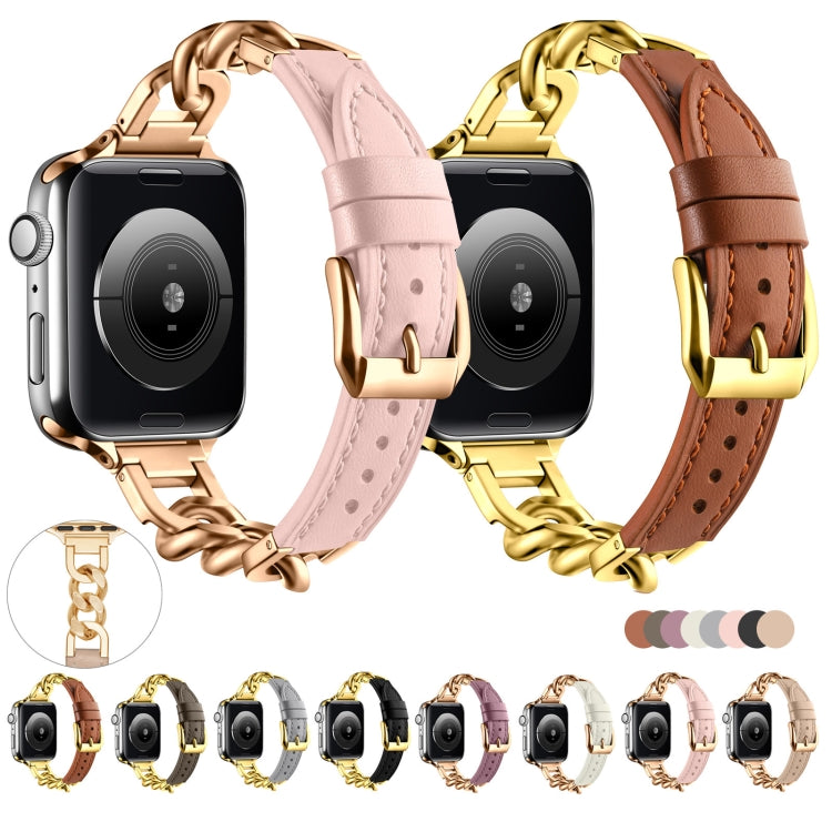 For Apple Watch 42mm Chain Genuine Leather Watch Band, Size: S(Gold Black) - free shipping - PMC TechLife - Order now!