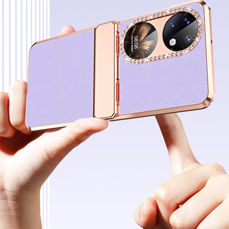 For Huawei P50 Pocket Plated Plain Leather Folding Phone Case with Hinge(Pink) - Huawei Cases by PMC TechLife | Online Shopping South Africa | PMC TechLife | Buy Now Pay Later Mobicred