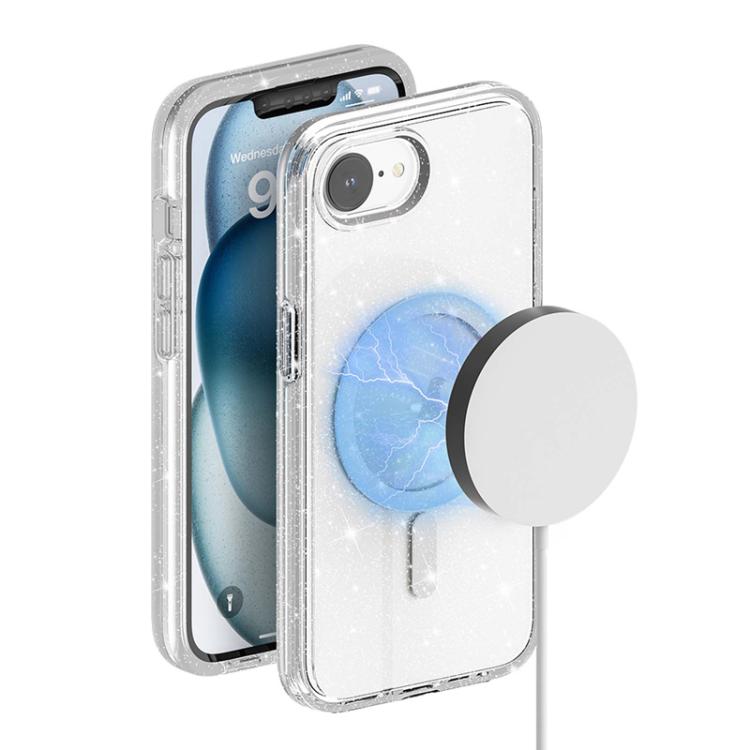 For iPhone 16e Terminator Style Glitter Powder MagSafe Magnetic Phone Case(White) - iPhone 16e Cases by PMC TechLife | Online Shopping South Africa | PMC TechLife | Buy Now Pay Later Mobicred