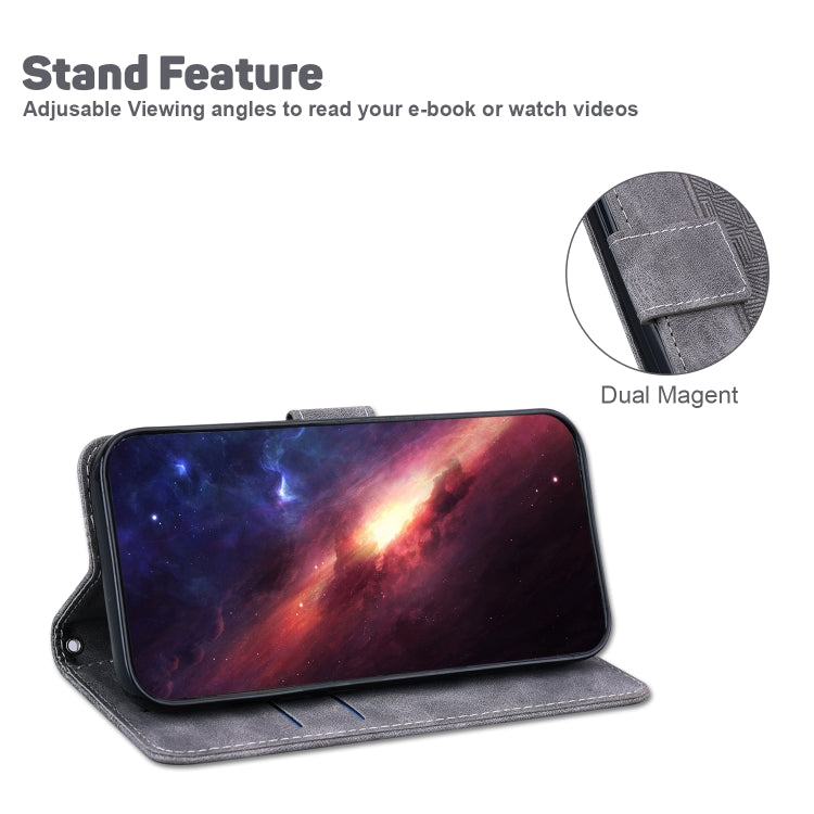 For iPhone 16e Geometric Embossed Leather Phone Case(Grey) - iPhone 16e Cases by PMC TechLife | Online Shopping South Africa | PMC TechLife | Buy Now Pay Later Mobicred