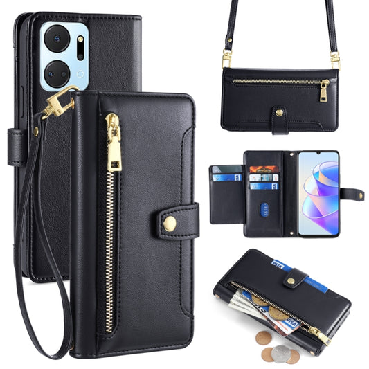 For Honor X7a Sheep Texture Cross-body Zipper Wallet Leather Phone Case(Black) - Honor Cases by PMC Jewellery | Online Shopping South Africa | PMC Jewellery | Buy Now Pay Later Mobicred