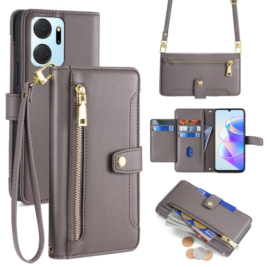 For Honor X7a Sheep Texture Cross-body Zipper Wallet Leather Phone Case(Grey) - Honor Cases by PMC Jewellery | Online Shopping South Africa | PMC Jewellery | Buy Now Pay Later Mobicred