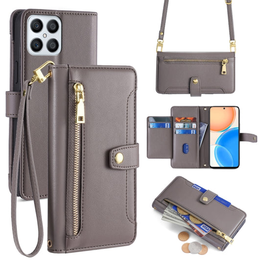 For Honor X8 Sheep Texture Cross-body Zipper Wallet Leather Phone Case(Grey) - Honor Cases by PMC Jewellery | Online Shopping South Africa | PMC Jewellery | Buy Now Pay Later Mobicred