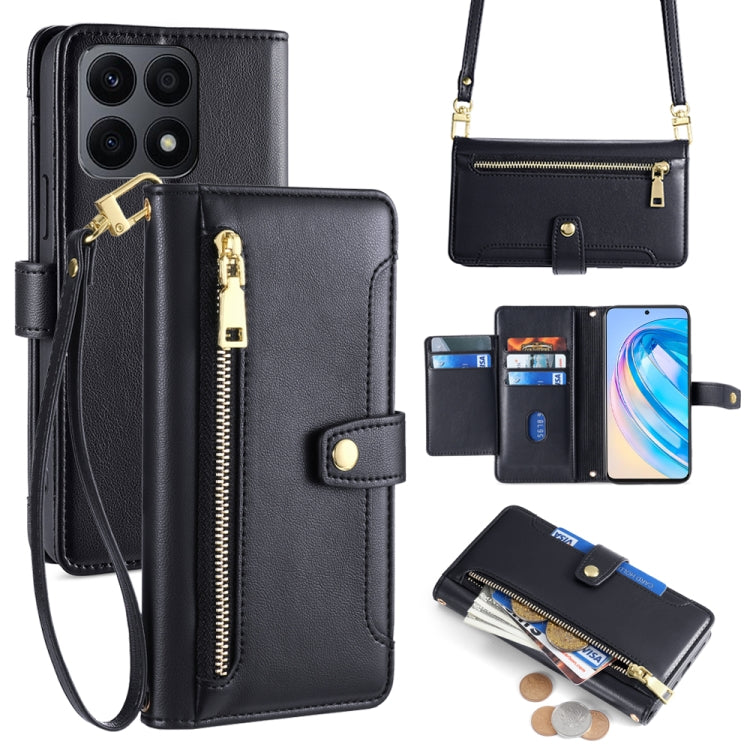 For Honor X8a Sheep Texture Cross-body Zipper Wallet Leather Phone Case(Black) - Honor Cases by PMC TechLife | Online Shopping South Africa | PMC TechLife | Buy Now Pay Later Mobicred