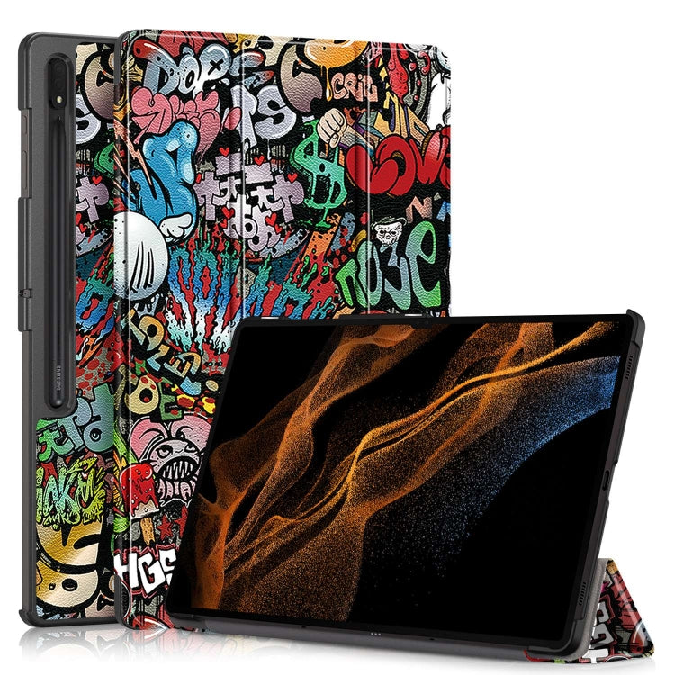 For Samsung Galaxy Tab S9 Ultra Custer Painted 3-Fold Holder Smart Leather Tablet Case(Graffiti) - Other Galaxy Tab PC by PMC Jewellery | Online Shopping South Africa | PMC Jewellery | Buy Now Pay Later Mobicred