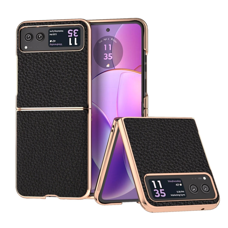 For Motorola Razr 40 Nano Electroplating Genuine Leather Litchi Texture Phone Case(Black) - Motorola Cases by PMC TechLife | Online Shopping South Africa | PMC TechLife | Buy Now Pay Later Mobicred