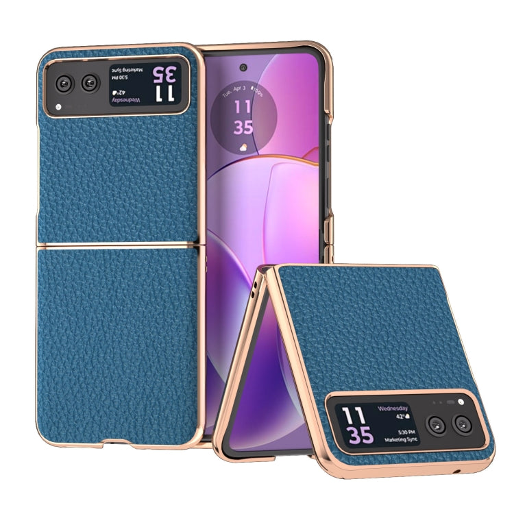 For Motorola Razr 40 Nano Electroplating Genuine Leather Litchi Texture Phone Case(Blue) - Motorola Cases by PMC TechLife | Online Shopping South Africa | PMC TechLife | Buy Now Pay Later Mobicred
