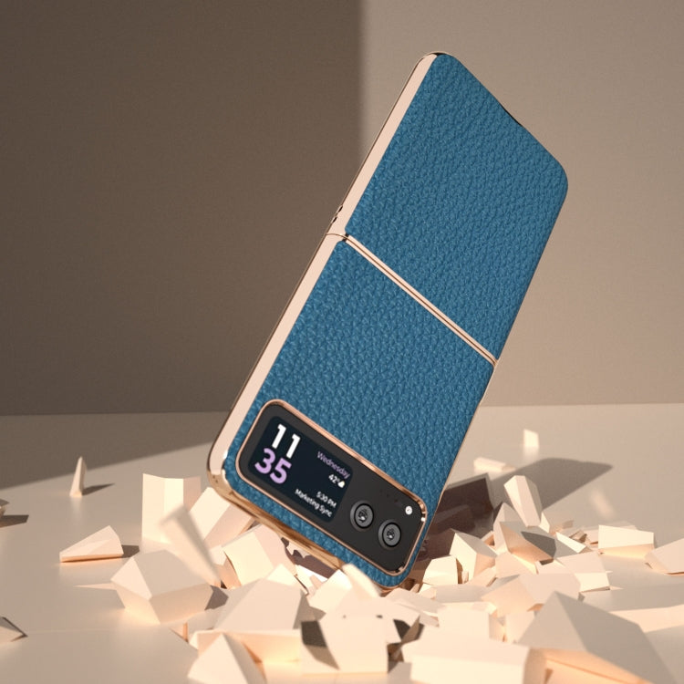 For Motorola Razr 40 Nano Electroplating Genuine Leather Litchi Texture Phone Case(Blue) - Motorola Cases by PMC TechLife | Online Shopping South Africa | PMC TechLife | Buy Now Pay Later Mobicred