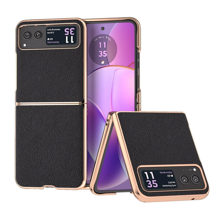 For Motorola Razr 40 Nano Electroplating Genuine Leather + PC Litchi Texture Phone Case(Black) - Motorola Cases by PMC TechLife | Online Shopping South Africa | PMC TechLife | Buy Now Pay Later Mobicred