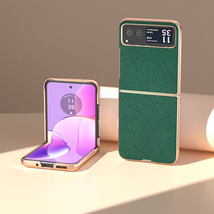 For Motorola Razr 40 Nano Electroplating Cross Texture Genuine Leather Phone Case(Green) - Motorola Cases by PMC TechLife | Online Shopping South Africa | PMC TechLife | Buy Now Pay Later Mobicred