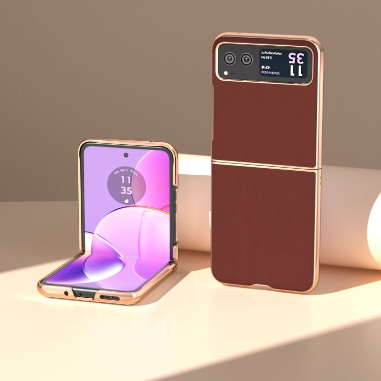 For Motorola Razr 40 Genuine Leather Silk Series Nano Plating Phone Case(Coffee) - Motorola Cases by PMC TechLife | Online Shopping South Africa | PMC TechLife | Buy Now Pay Later Mobicred