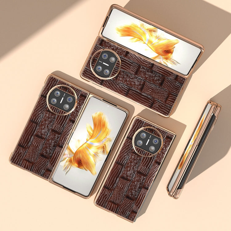 For Huawei Mate X3 Nano Plating Genuine Leather Mahjong Texture Phone Case(Brown) - Huawei Cases by PMC TechLife | Online Shopping South Africa | PMC TechLife | Buy Now Pay Later Mobicred