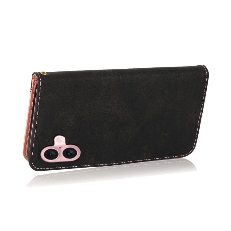For iPhone 16 Dual-color Stitching Leather Phone Case(Black Rose Gold) - iPhone 16 Cases by PMC TechLife | Online Shopping South Africa | PMC TechLife | Buy Now Pay Later Mobicred