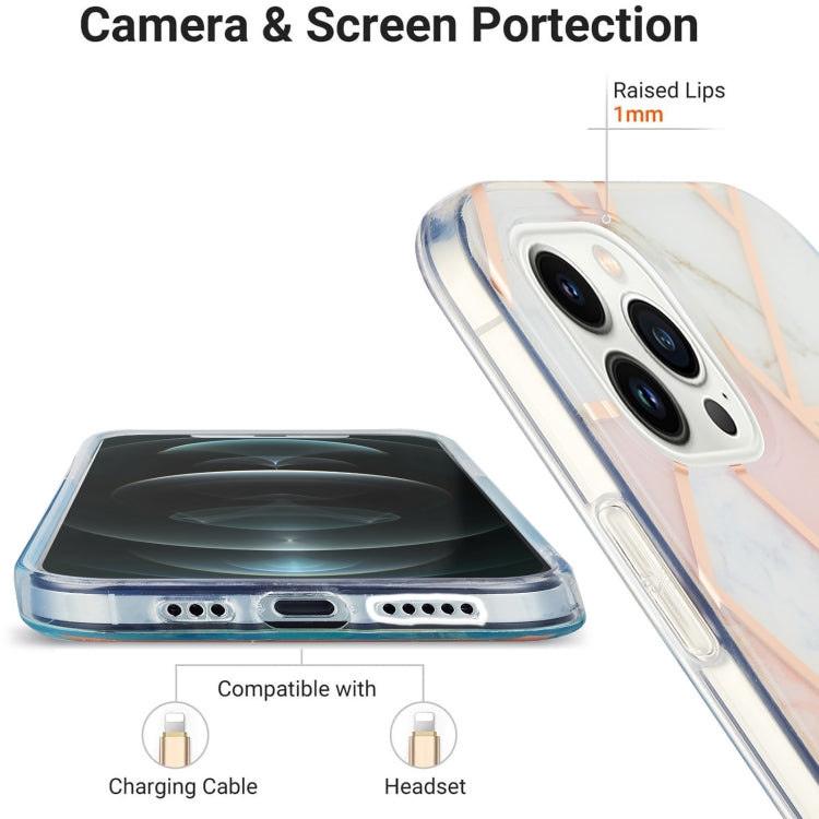 For iPhone 16 Pro Max Electroplating Splicing Marble Flower Pattern Dual-side IMD TPU Shockproof Phone Case(Pink White) - free shipping - PMC TechLife - Order now!