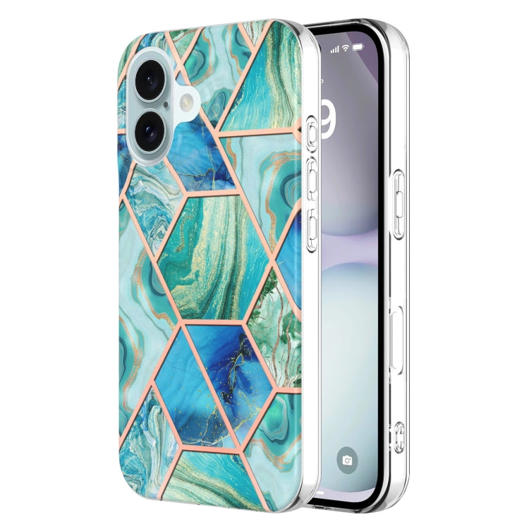 For iPhone 16 Plus Electroplating Splicing Marble Flower Pattern Dual-side IMD TPU Shockproof Phone Case(Green) - free shipping - PMC TechLife - Order now!