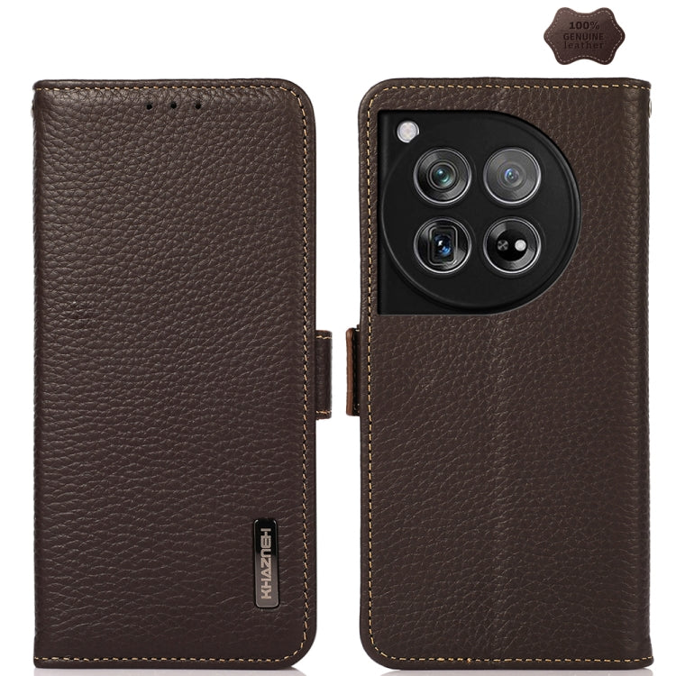 For OnePlus 12 KHAZNEH Side-Magnetic Litchi Genuine Leather RFID Phone Case(Brown) - OnePlus Cases by PMC TechLife | Online Shopping South Africa | PMC TechLife | Buy Now Pay Later Mobicred
