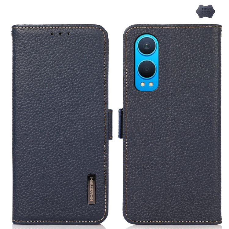 For OnePlus CE4 Lite KHAZNEH Side-Magnetic Litchi Genuine Leather RFID Phone Case(Blue) - OnePlus Cases by PMC TechLife | Online Shopping South Africa | PMC TechLife | Buy Now Pay Later Mobicred