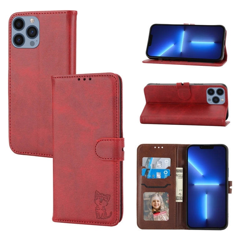 For iPhone 16 Pro Max Embossed Happy Cat Pattern Flip Leather Phone Case(Red) - iPhone 16 Pro Max Cases by PMC TechLife | Online Shopping South Africa | PMC TechLife | Buy Now Pay Later Mobicred