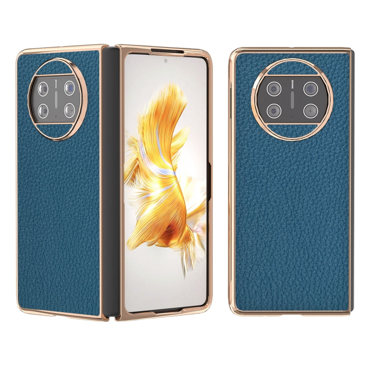 For Huawei Mate X3 Electroplating Genuine Leather Litchi Texture Phone Case(Blue) - Huawei Cases by PMC TechLife | Online Shopping South Africa | PMC TechLife | Buy Now Pay Later Mobicred