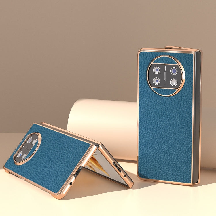 For Huawei Mate X3 Electroplating Genuine Leather Litchi Texture Phone Case(Blue) - Huawei Cases by PMC TechLife | Online Shopping South Africa | PMC TechLife | Buy Now Pay Later Mobicred