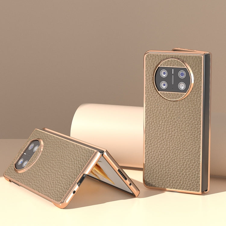 For Huawei Mate X3 Electroplating Genuine Leather Litchi Texture Phone Case(Grey) - Huawei Cases by PMC TechLife | Online Shopping South Africa | PMC TechLife | Buy Now Pay Later Mobicred
