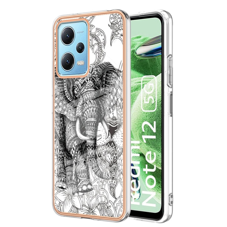 For Xiaomi Redmi Note 12 5G Global Electroplating Marble Dual-side IMD Phone Case(Totem Elephant) - Xiaomi Cases by PMC TechLife | Online Shopping South Africa | PMC TechLife | Buy Now Pay Later Mobicred