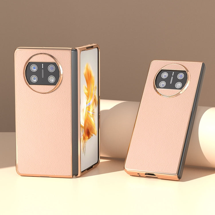 For Huawei Mate X3 Electroplating Genuine Leather + PC Litchi Texture Phone Case(Pink Gold) - Huawei Cases by PMC TechLife | Online Shopping South Africa | PMC TechLife | Buy Now Pay Later Mobicred