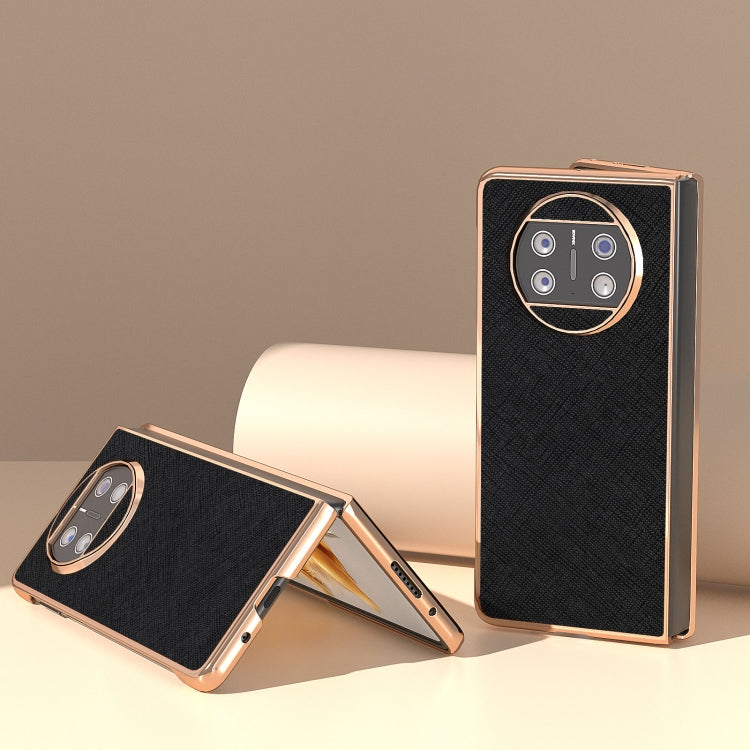 For Huawei Mate X3 Electroplating Cross Texture Genuine Leather Phone Case(Black) - Huawei Cases by PMC TechLife | Online Shopping South Africa | PMC TechLife | Buy Now Pay Later Mobicred