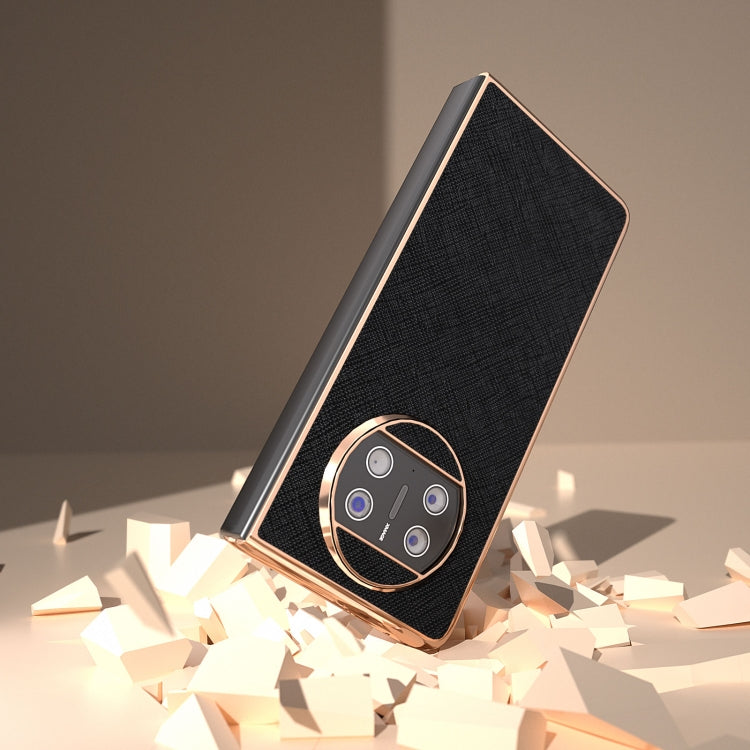 For Huawei Mate X3 Electroplating Cross Texture Genuine Leather Phone Case(Black) - Huawei Cases by PMC TechLife | Online Shopping South Africa | PMC TechLife | Buy Now Pay Later Mobicred