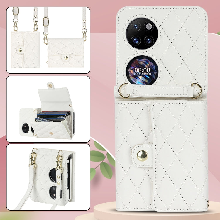 For Huawei P50 Pocket Rhombic Texture Card Bag PU Phone Case with Long Lanyard(White) - Huawei Cases by PMC TechLife | Online Shopping South Africa | PMC TechLife | Buy Now Pay Later Mobicred