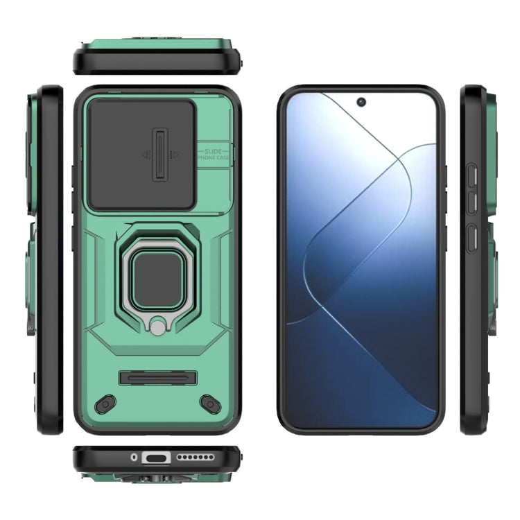 For Xiaomi 14 Sliding Camshield TPU + PC Shockproof Phone Case with Holder(Green) - 14 Cases by PMC Jewellery | Online Shopping South Africa | PMC Jewellery