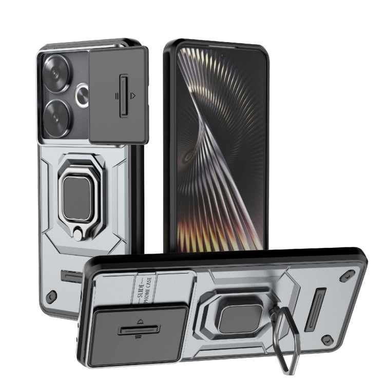 For Xiaomi Redmi Turbo 3 5G Sliding Camshield TPU + PC Shockproof Phone Case with Holder(Grey) - Xiaomi Cases by PMC TechLife | Online Shopping South Africa | PMC TechLife | Buy Now Pay Later Mobicred