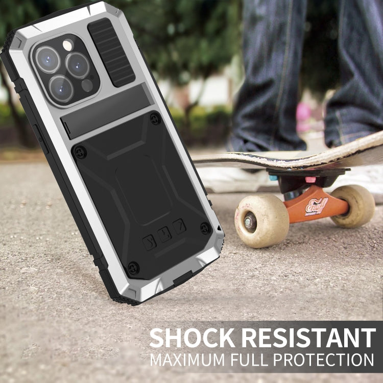 For iPhone 15 Pro Max R-JUST Shockproof Life Waterproof Dust-proof Metal + Silicone Phone Case with Holder(Silver) - iPhone 15 Pro Max Cases by R-JUST | Online Shopping South Africa | PMC TechLife