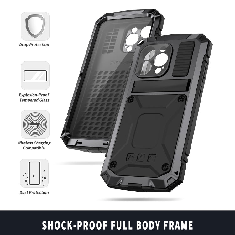 For iPhone 15 Pro R-JUST Shockproof Life Waterproof Dust-proof Metal + Silicone Phone Case with Holder(Black) - iPhone 15 Pro Cases by R-JUST | Online Shopping South Africa | PMC TechLife | Buy Now Pay Later Mobicred