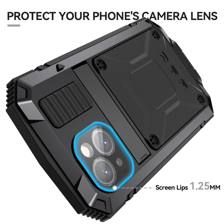 For iPhone 15 R-JUST Shockproof Life Waterproof Dust-proof Metal + Silicone Phone Case with Holder(Black) - iPhone 15 Cases by R-JUST | Online Shopping South Africa | PMC TechLife | Buy Now Pay Later Mobicred