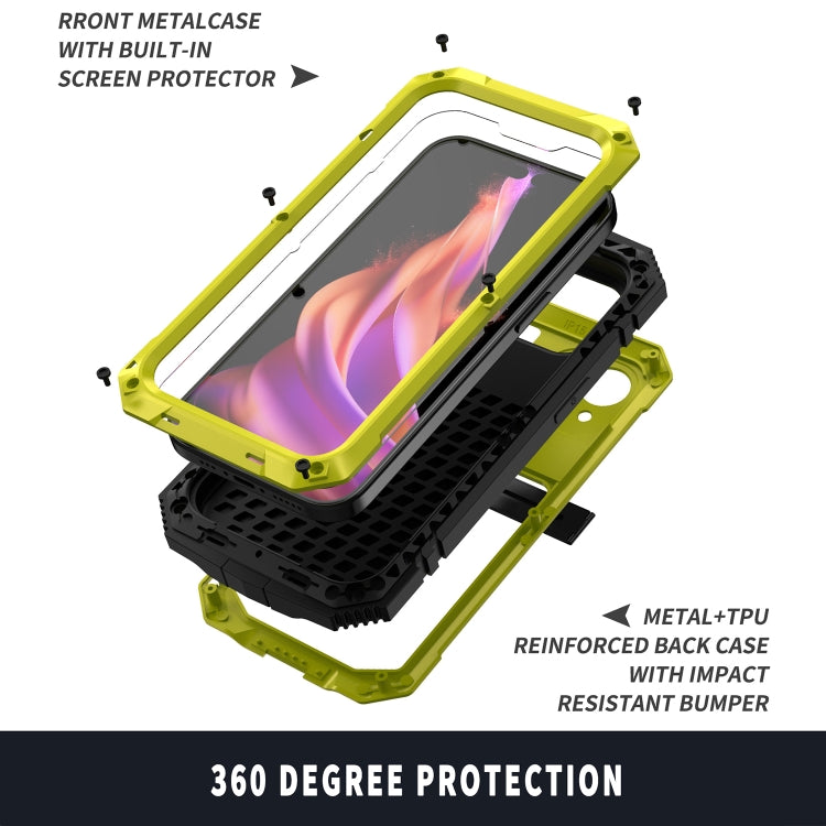 For iPhone 15 R-JUST Shockproof Life Waterproof Dust-proof Metal + Silicone Phone Case with Holder(Yellow) - iPhone 15 Cases by R-JUST | Online Shopping South Africa | PMC TechLife | Buy Now Pay Later Mobicred