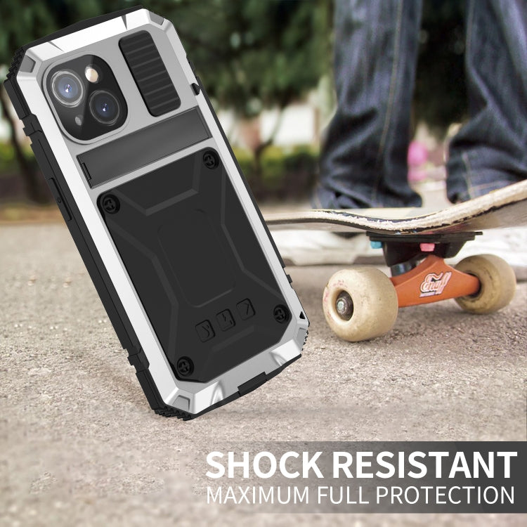 For iPhone 15 R-JUST Shockproof Life Waterproof Dust-proof Metal + Silicone Phone Case with Holder(Silver) - iPhone 15 Cases by R-JUST | Online Shopping South Africa | PMC TechLife | Buy Now Pay Later Mobicred