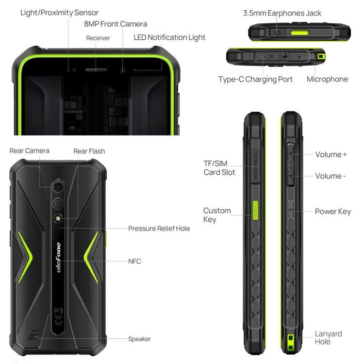 Ulefone Armor X12 Pro, 4GB+64GB, IP68/IP69K Rugged Phone, 5.45 inch Android 13 MediaTek Helio G36 Octa Core, Network: 4G, NFC(Less Green) - free shipping - PMC TechLife - Order now!