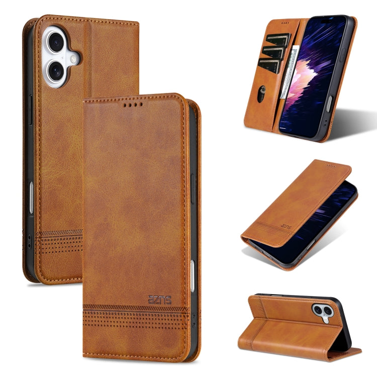 For iPhone 16 AZNS Magnetic Calf Texture Flip Leather Phone Case(Light Brown) - free shipping - PMC Jewellery - Order now!
