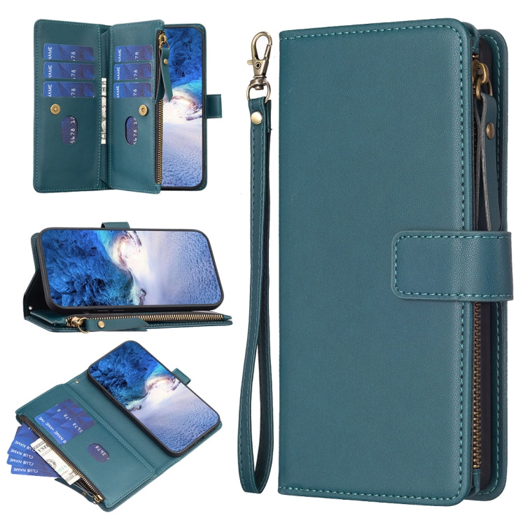 For OPPO A58 4G 9 Card Slots Zipper Wallet Leather Flip Phone Case(Green) - OPPO Cases by PMC TechLife | Online Shopping South Africa | PMC TechLife | Buy Now Pay Later Mobicred