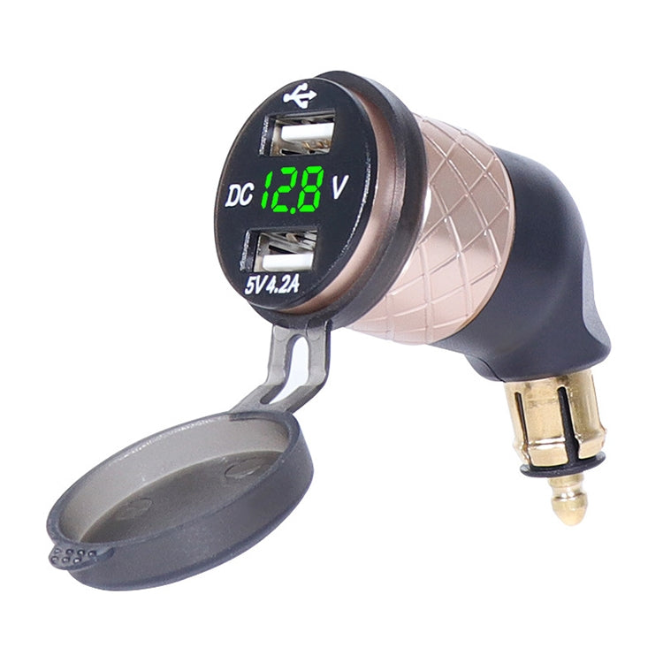 German EU Plug Special Motorcycle Elbow Charger Dual USB Voltmeter 4.2A Charger, Shell Color:Gold(Green Light) - Battery Charger by PMC TechLife | Online Shopping South Africa | PMC TechLife | Buy Now Pay Later Mobicred