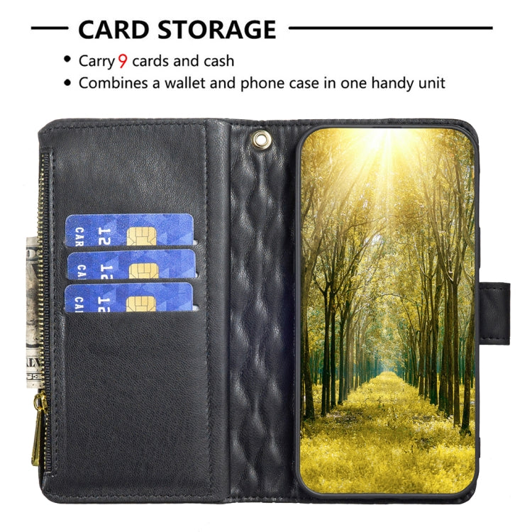 For Nokia G42/G310 Diamond Lattice Zipper Wallet Leather Flip Phone Case(Black) - Nokia Cases by PMC TechLife | Online Shopping South Africa | PMC TechLife | Buy Now Pay Later Mobicred