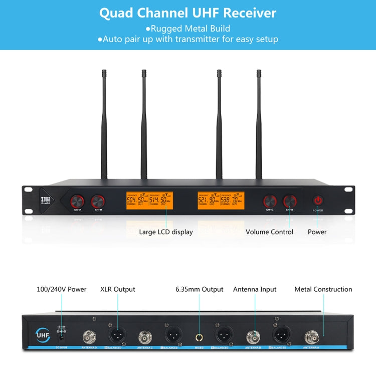 XTUGA A400-HB Professional 4-Channel UHF Wireless Microphone System with 2 Handheld & 2 Headset Microphone(US Plug) - Microphone by XTUGA | Online Shopping South Africa | PMC TechLife | Buy Now Pay Later Mobicred