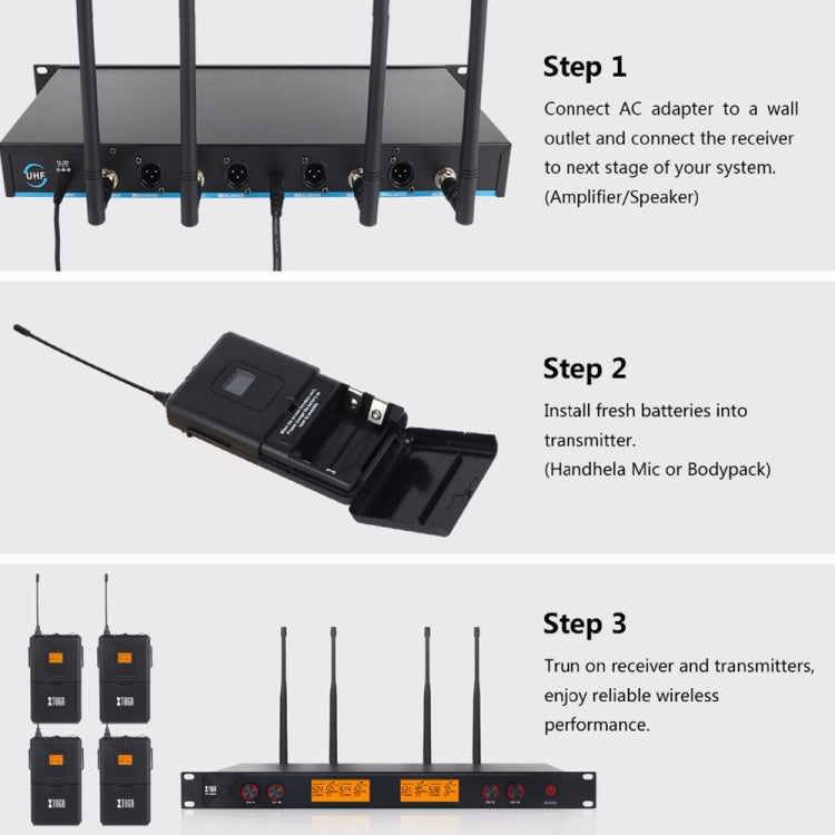 XTUGA A400-B Professional 4-Channel UHF Wireless Microphone System with 4 BodyPack Lavalier Headset Microphone(EU Plug) - Microphone by XTUGA | Online Shopping South Africa | PMC TechLife