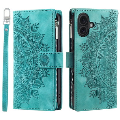 For iPhone 16 Multi-Card Totem Zipper Leather Phone Case(Green) - iPhone 16 Cases by PMC Jewellery | Online Shopping South Africa | PMC Jewellery | Buy Now Pay Later Mobicred