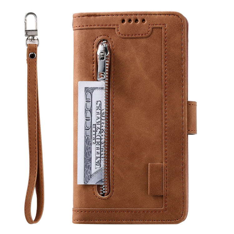 For iPhone 16 Pro Nine Card Zipper Bag Leather Phone Case with Lanyard(Brown) - iPhone 16 Pro Cases by PMC TechLife | Online Shopping South Africa | PMC TechLife | Buy Now Pay Later Mobicred